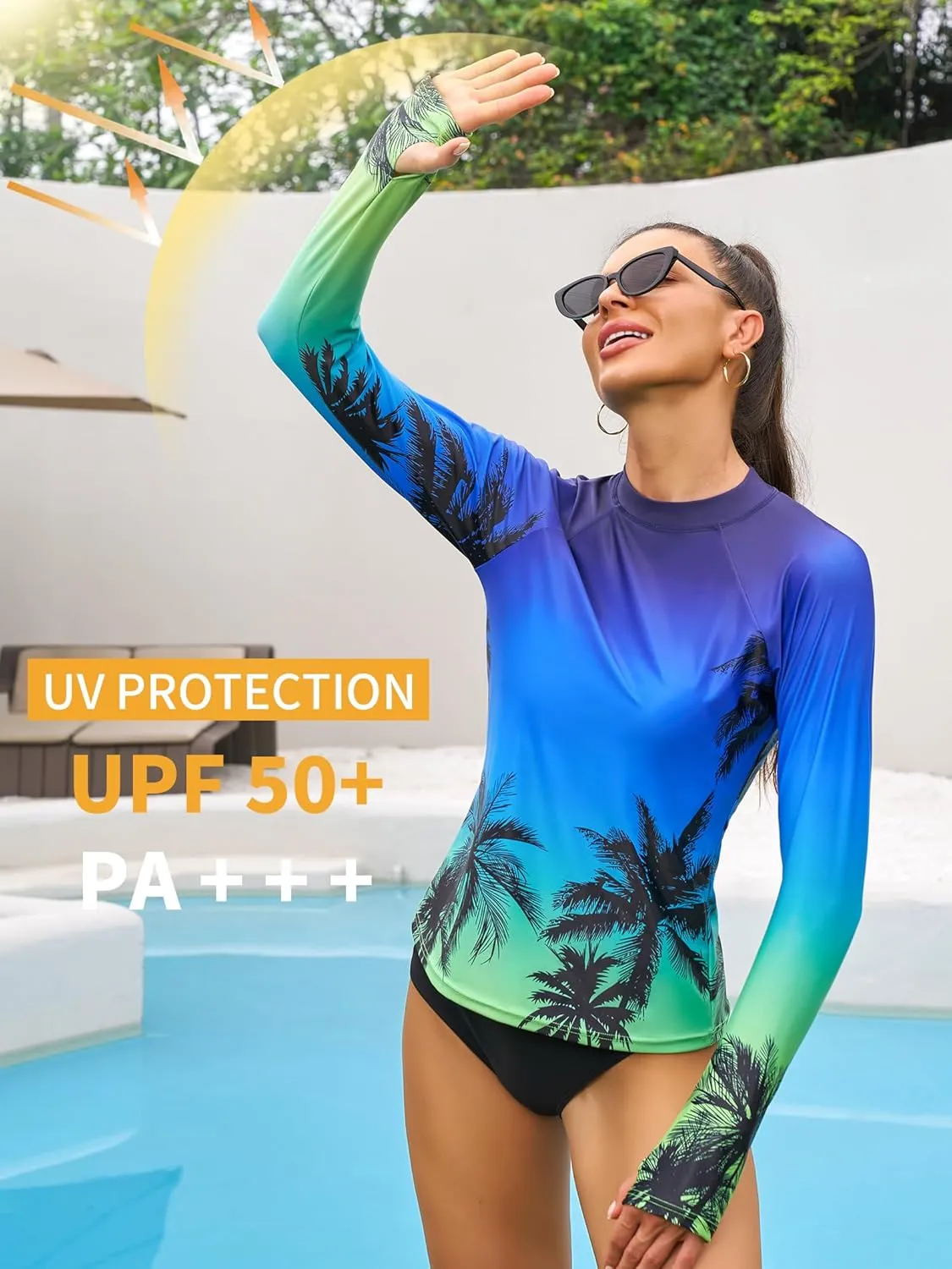 ATTRACO Women's Rash Guard Swim Shirt Long Sleeve Uv Sun Protection Quick Dry Lightweight Printed Shirts with Thumb Holes