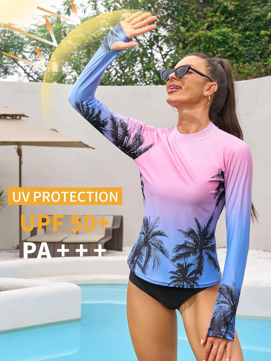 ATTRACO Women's Rash Guard Swim Shirt Long Sleeve Uv Sun Protection Quick Dry Lightweight Printed Shirts with Thumb Holes