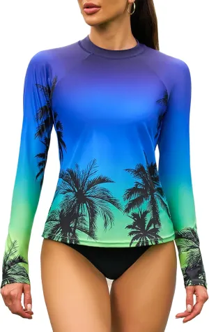 ATTRACO Women's Rash Guard Swim Shirt Long Sleeve Uv Sun Protection Quick Dry Lightweight Printed Shirts with Thumb Holes