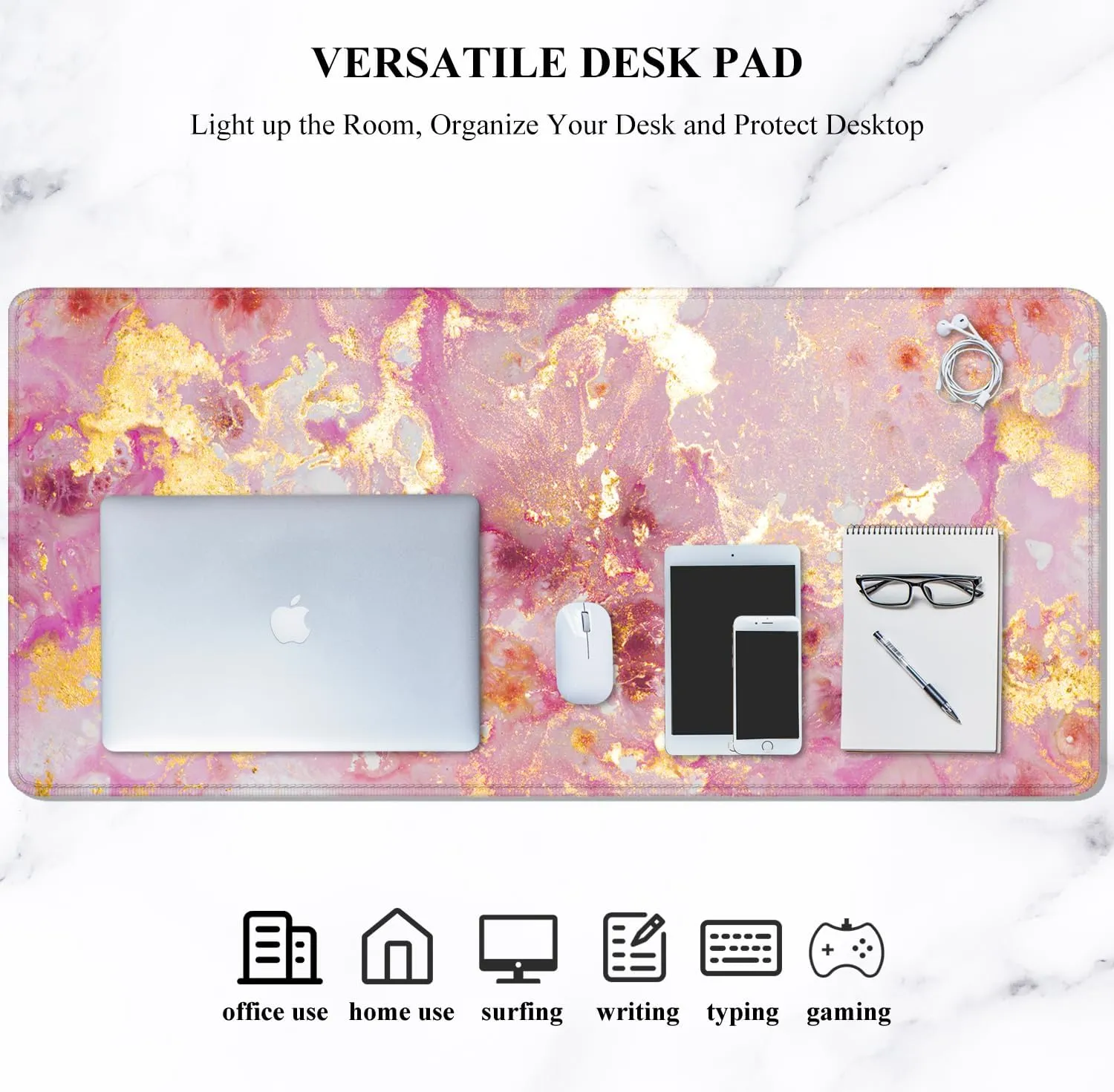 Auhoahsil Large Mouse Pad, XXL Gaming Mousepad, Desk Mat for Desktop, Thick Rubber, Big & Long Size, Stitched Edges, Full Desk Pad for Laptop & Computer, Extended 31.5 x 11.8 in, Pink Gold Marble