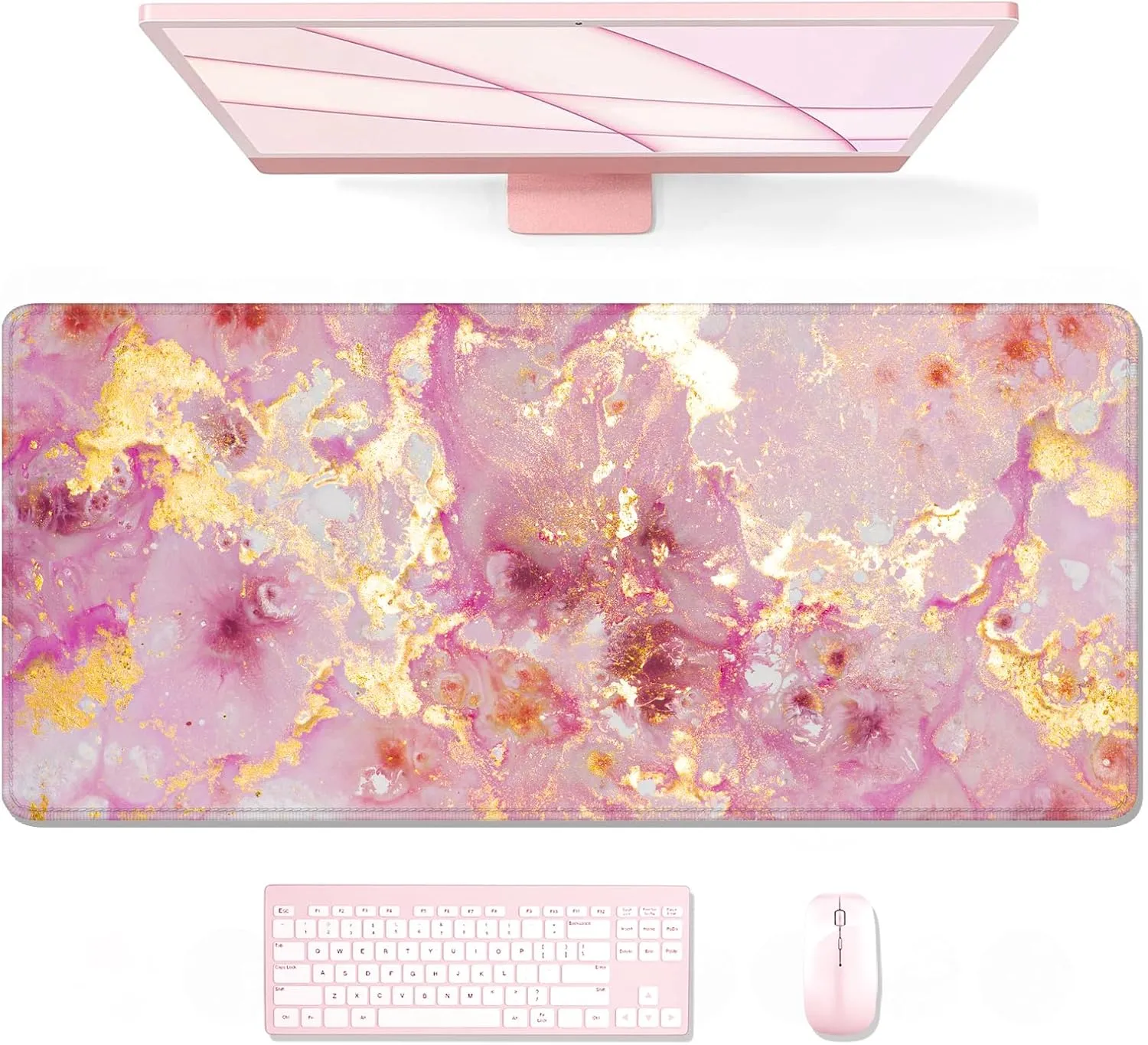 Auhoahsil Large Mouse Pad, XXL Gaming Mousepad, Desk Mat for Desktop, Thick Rubber, Big & Long Size, Stitched Edges, Full Desk Pad for Laptop & Computer, Extended 31.5 x 11.8 in, Pink Gold Marble