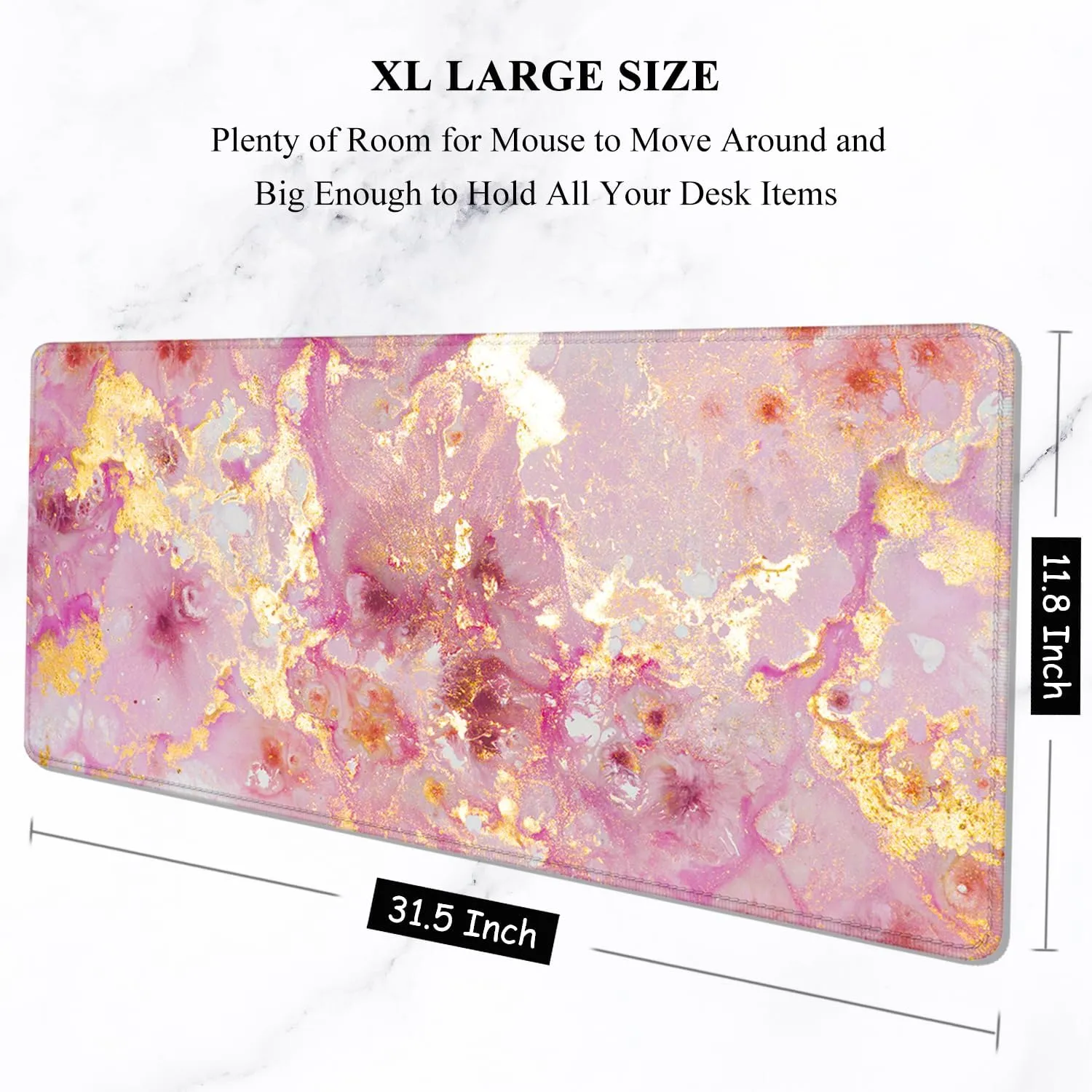 Auhoahsil Large Mouse Pad, XXL Gaming Mousepad, Desk Mat for Desktop, Thick Rubber, Big & Long Size, Stitched Edges, Full Desk Pad for Laptop & Computer, Extended 31.5 x 11.8 in, Pink Gold Marble