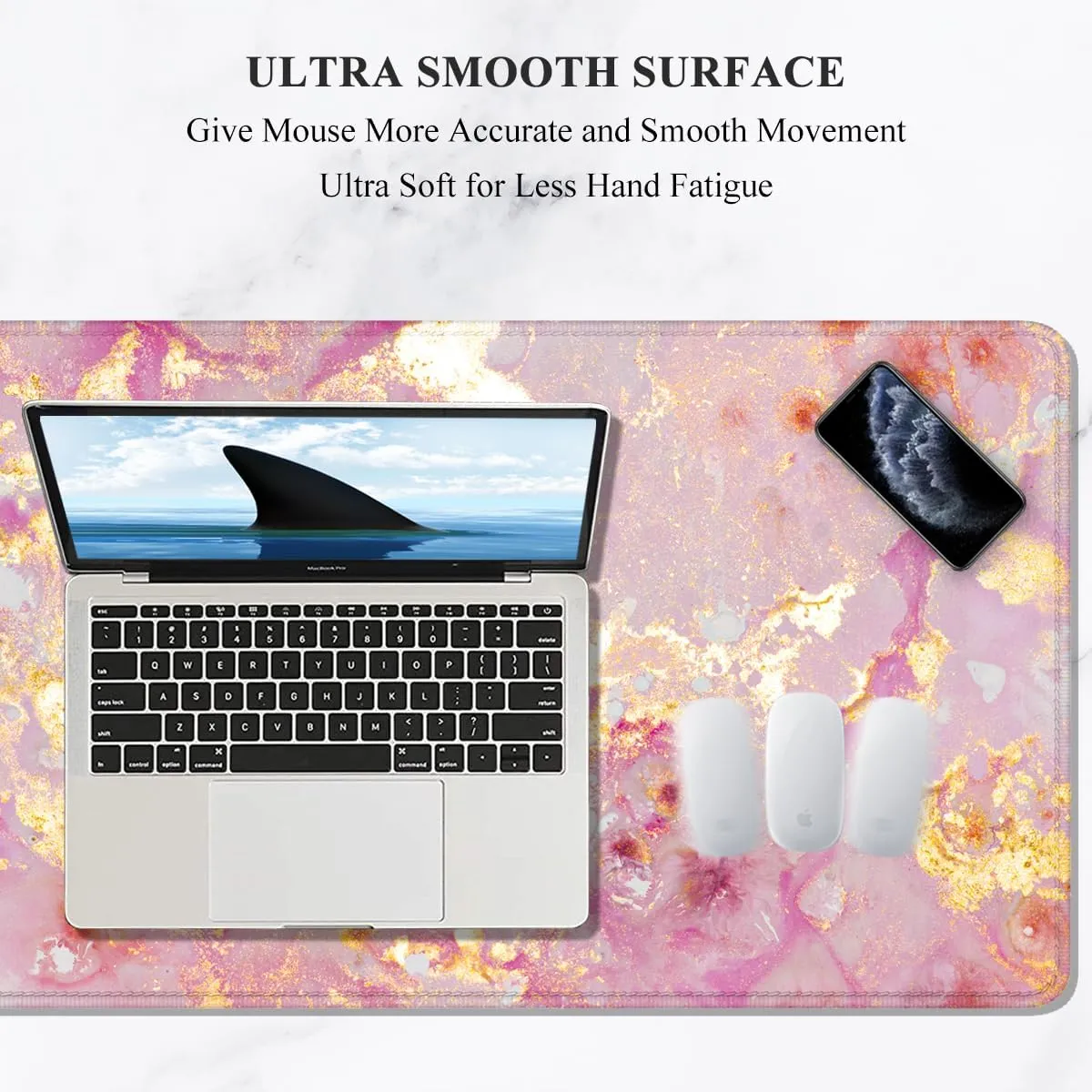 Auhoahsil Large Mouse Pad, XXL Gaming Mousepad, Desk Mat for Desktop, Thick Rubber, Big & Long Size, Stitched Edges, Full Desk Pad for Laptop & Computer, Extended 31.5 x 11.8 in, Pink Gold Marble