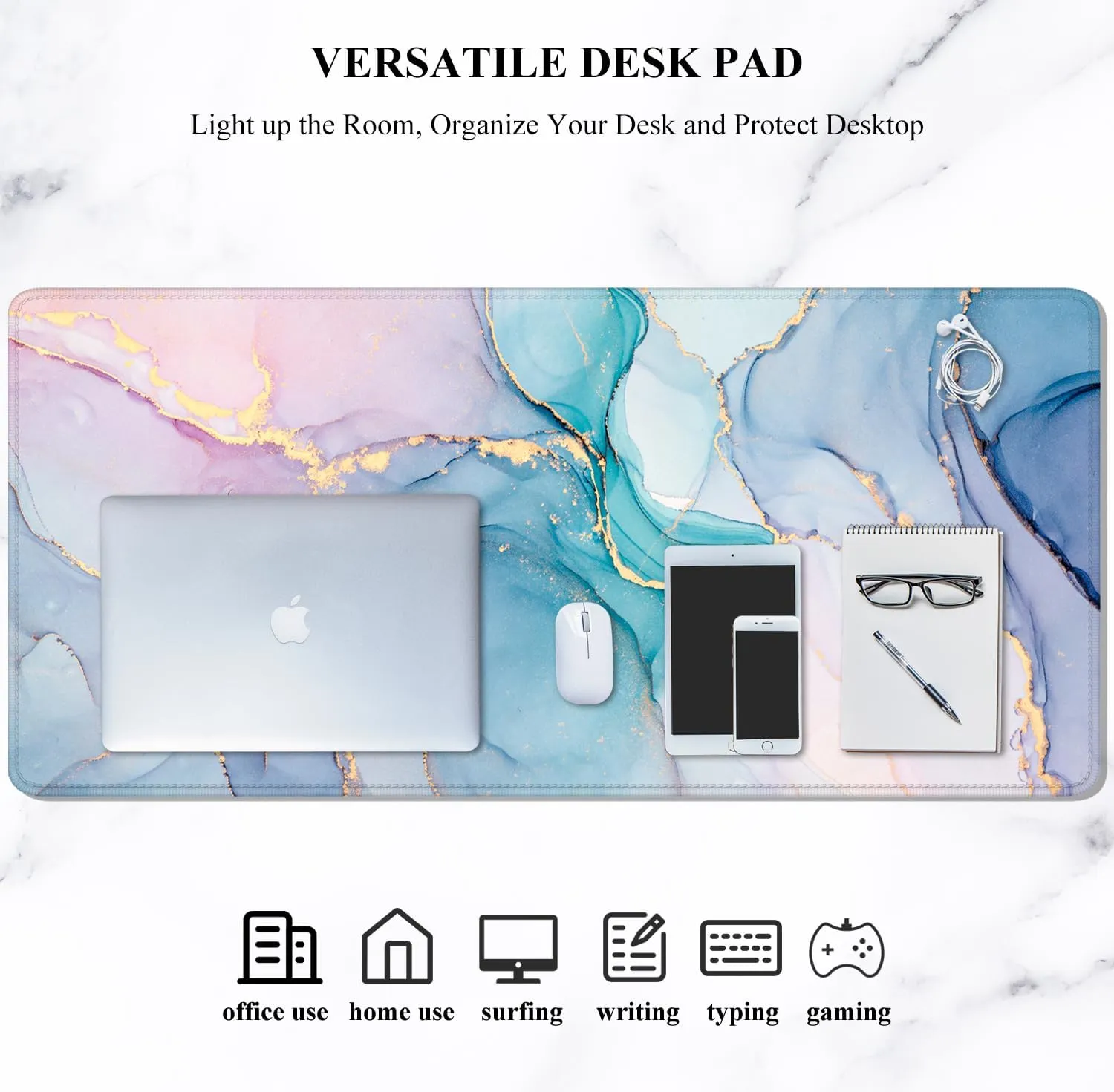 Auhoahsil Large Mouse Pad, XXL Gaming Mousepad, Desk Mat for Desktop, Thick Rubber, Big & Long Size, Stitched Edges, Full Desk Pad for Laptop & Computer, Extended 35.4 x 15.7 in, Blue Pink Marble