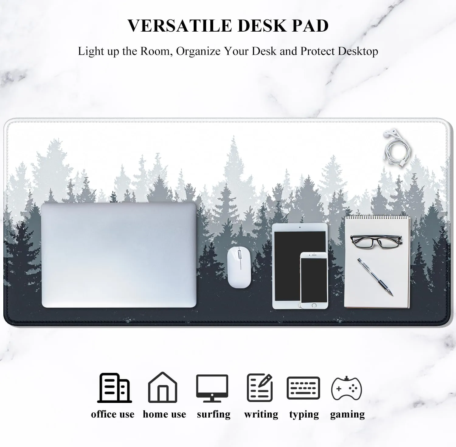 Auhoahsil Large Mouse Pad, XXL Gaming Mousepad, Desk Mat for Desktop, Thick Rubber, Big & Long Size, Stitched Edges, Full Desk Pad for Laptop & Computer, Extended 35.4 x 15.7 in, Ink Misty Forest
