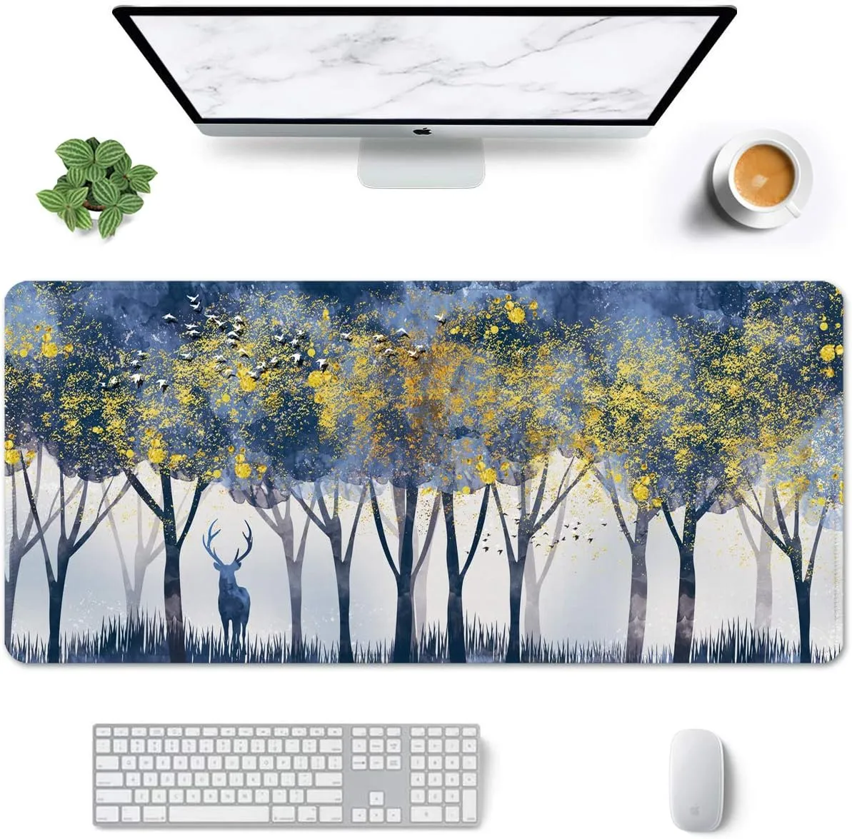 Auhoahsil Large Mouse Pad, XXL Gaming Mousepad, Desk Mat for Desktop, Thick Rubber, Big & Long Size, Stitched Edges, Full Desk Pad for Laptop & Computer, Extended 35.4 x 15.7 in, Misty Forest Deer