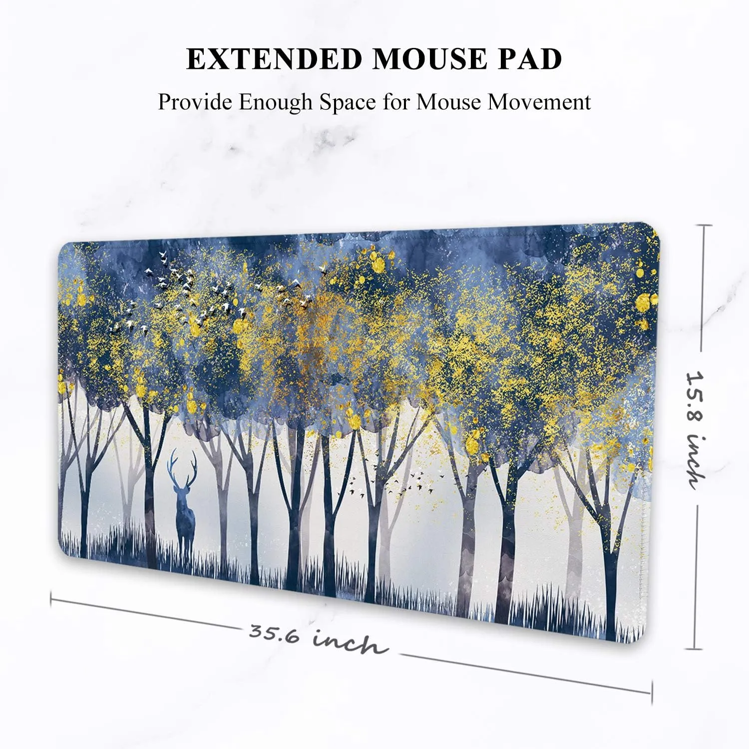 Auhoahsil Large Mouse Pad, XXL Gaming Mousepad, Desk Mat for Desktop, Thick Rubber, Big & Long Size, Stitched Edges, Full Desk Pad for Laptop & Computer, Extended 35.4 x 15.7 in, Misty Forest Deer