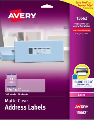 Avery Printable Address Labels with Sure Feed, 1-1/3" x 4", Matte Clear, Permanent Adhesive, Laser Printers, 140 Blank Mailing Labels, Great for Mailing, Product Labels, Jar Labels, and More (15662)