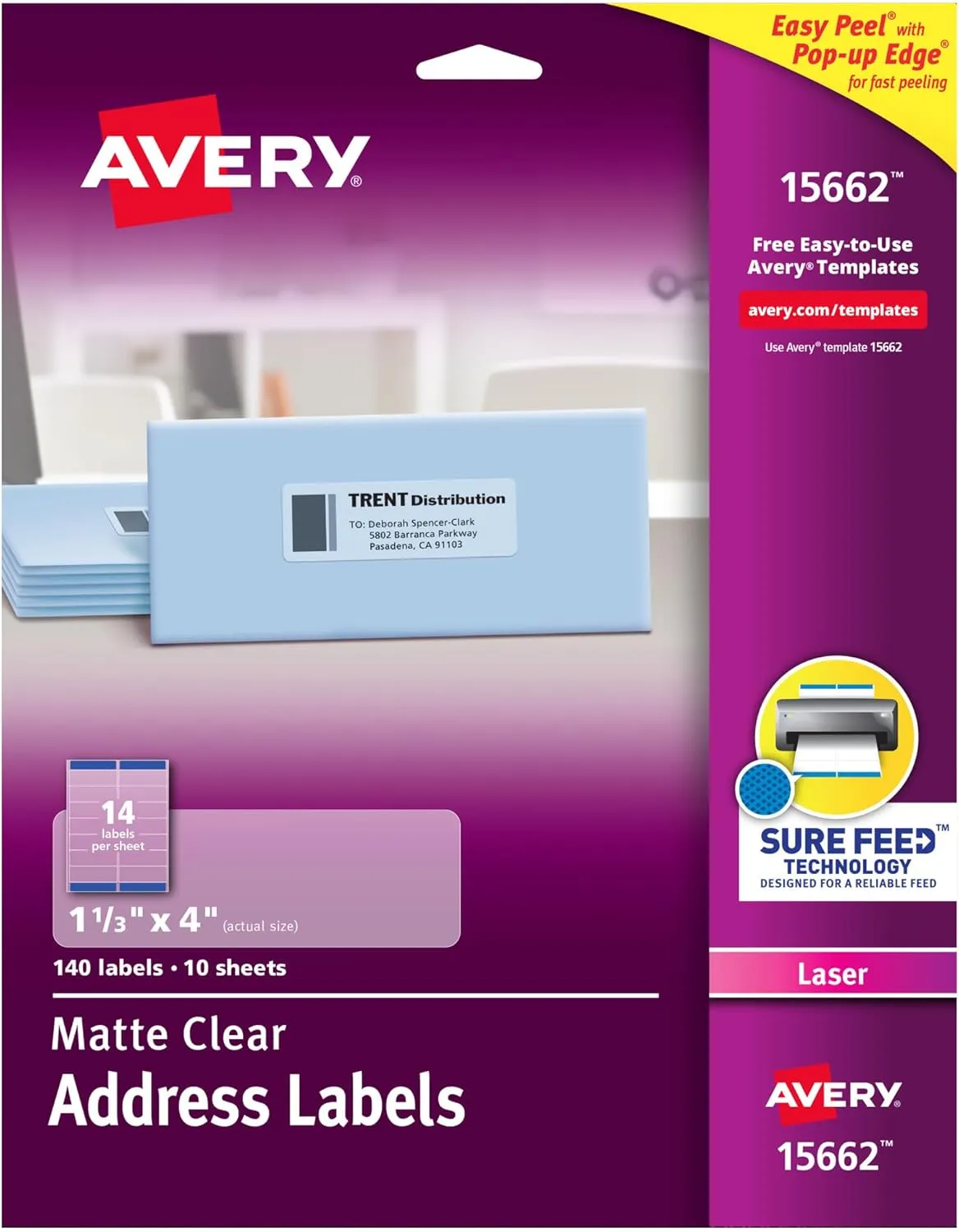 Avery Printable Address Labels with Sure Feed, 1-1/3" x 4", Matte Clear, Permanent Adhesive, Laser Printers, 140 Blank Mailing Labels, Great for Mailing, Product Labels, Jar Labels, and More (15662)