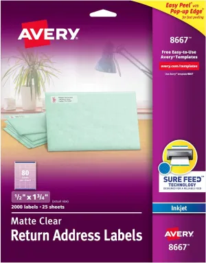 Avery Printable Return Address Labels, 0.5" x 1.75", Matte Clear, 2,000 Blank Mailing Labels (08667)