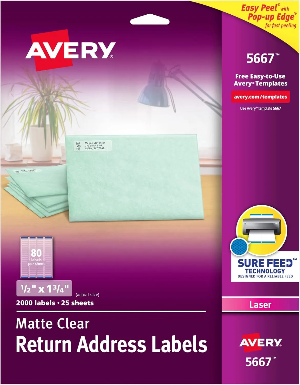 Avery Printable Return Address Labels with Sure Feed, 0.5" x 1.75", Matte Clear, 2,000 Blank Mailing Labels (05667)