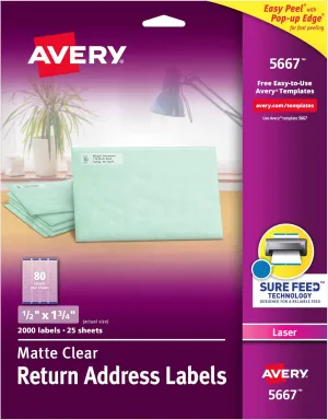 Avery Printable Return Address Labels with Sure Feed, 0.5" x 1.75", Matte Clear, 2,000 Blank Mailing Labels (05667)