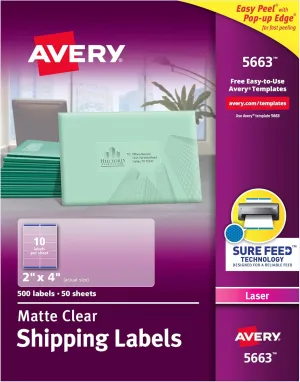 Avery Printable Shipping Labels with Sure Feed, 2" x 4", Matte Clear, 500 Blank Mailing Labels (5663)
