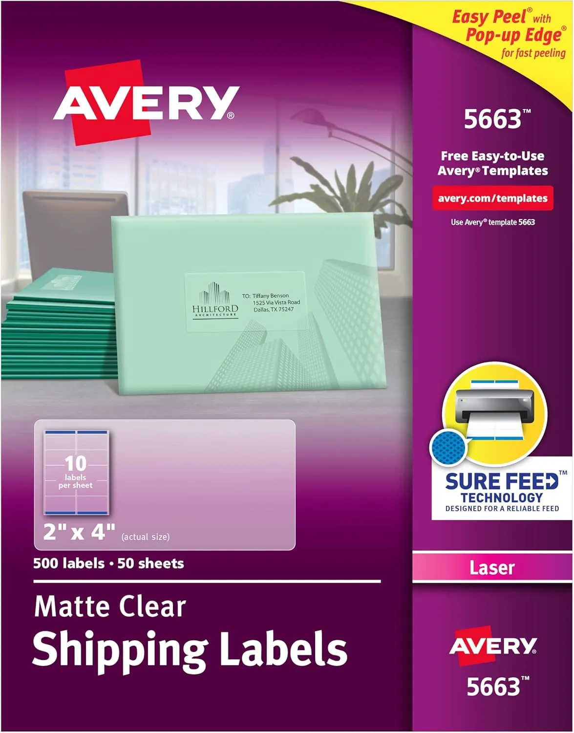 Avery Printable Shipping Labels with Sure Feed, 2" x 4", Matte Clear, 500 Blank Mailing Labels (5663)