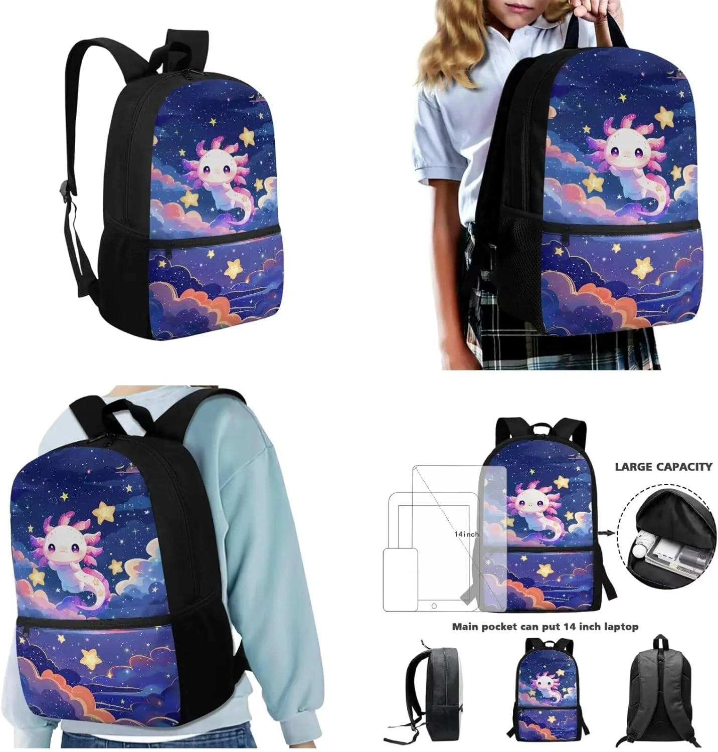 Axolotl Bookbag with Lunch Bags and Pencil Case Set Elementary School Backpack for Kids Girls Boys Teens Large Schoolbags Bagpack Rucksack Travel