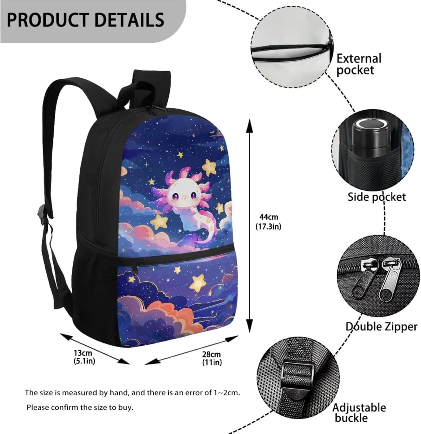 Axolotl Bookbag with Lunch Bags and Pencil Case Set Elementary School Backpack for Kids Girls Boys Teens Large Schoolbags Bagpack Rucksack Travel