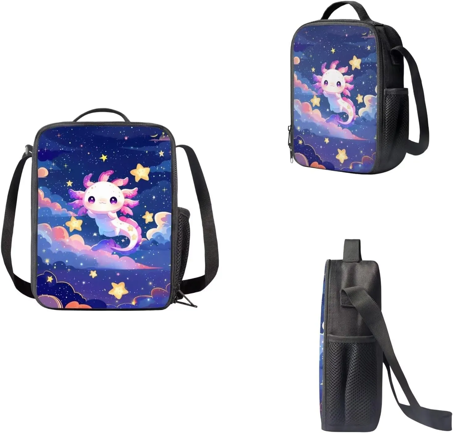 Axolotl Bookbag with Lunch Bags and Pencil Case Set Elementary School Backpack for Kids Girls Boys Teens Large Schoolbags Bagpack Rucksack Travel