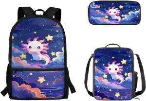 Axolotl Bookbag with Lunch Bags and Pencil Case Set Elementary School Backpack for Kids Girls Boys Teens Large Schoolbags Bagpack Rucksack Travel