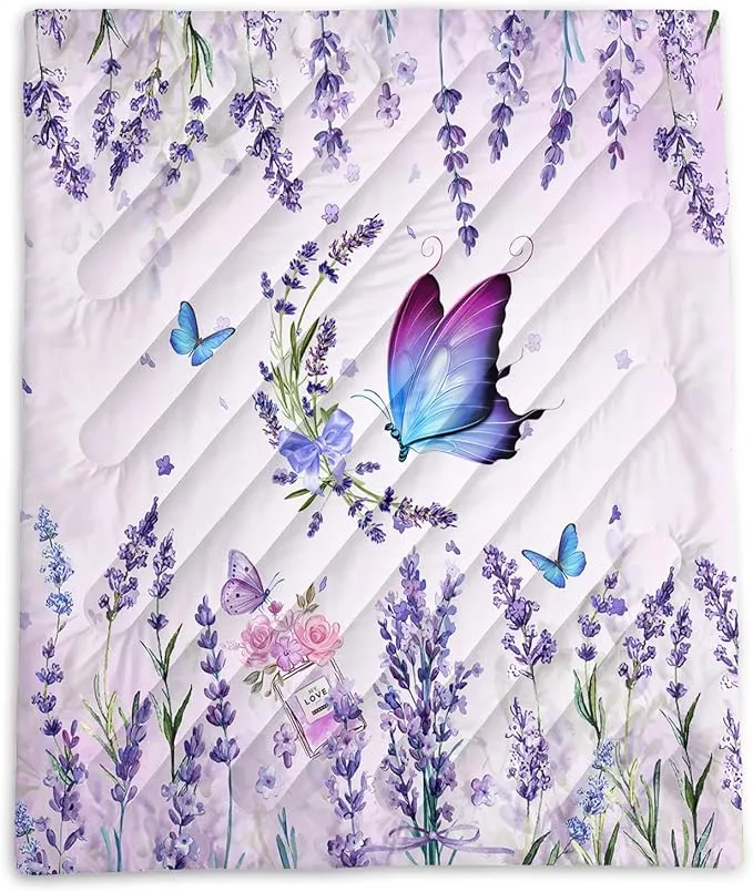 Axolotl Butterflies Camping Blanket,Lavender Packable Outdoor Blanket,Violet Flowers Perfume Lightweight Puffy Printed Camping Blanket,Purple Floral Waterproof Blanket for Traveling Beach Cold Weather