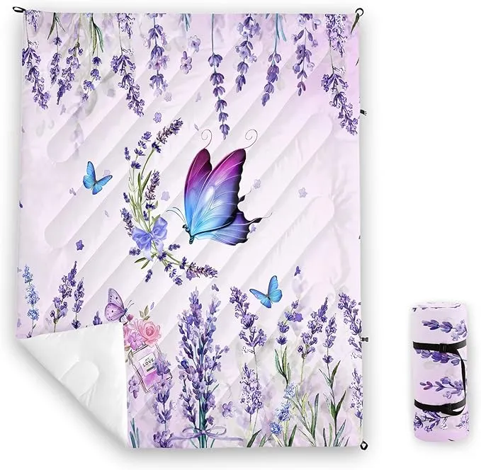 Axolotl Butterflies Camping Blanket,Lavender Packable Outdoor Blanket,Violet Flowers Perfume Lightweight Puffy Printed Camping Blanket,Purple Floral Waterproof Blanket for Traveling Beach Cold Weather