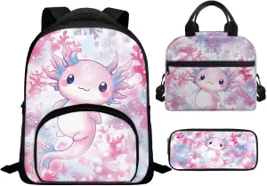 Axolotl School Bags for Girls 4-6 Cute Backpack with Lunch Box and Soft Pencil Case 12 Inch 3 in 1 School Bookbags Set with Adjustable Straps for Kindergarten Babys Travel or Picnic