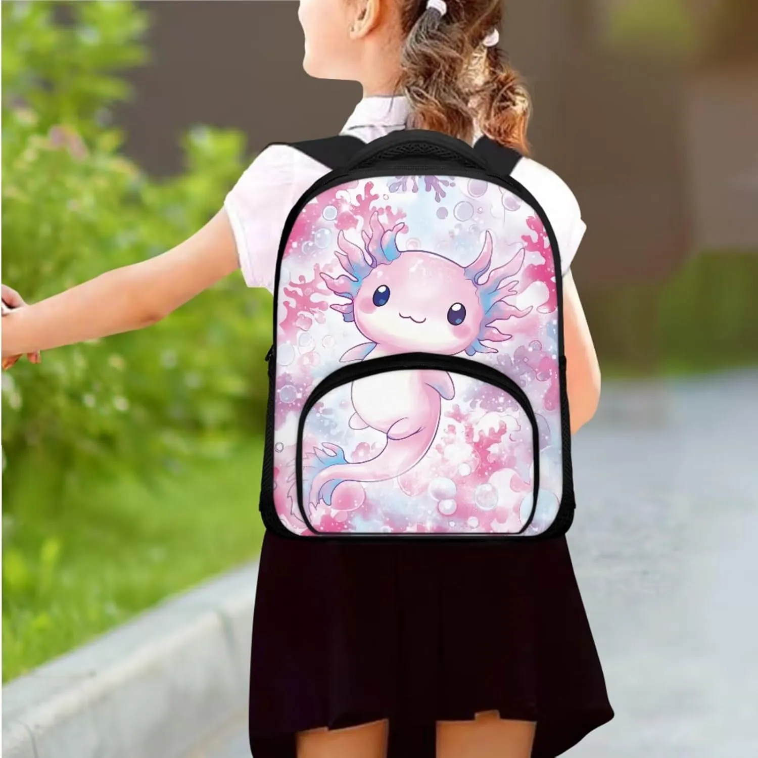 Axolotl School Bags for Girls 4-6 Cute Backpack with Lunch Box and Soft Pencil Case 12 Inch 3 in 1 School Bookbags Set with Adjustable Straps for Kindergarten Babys Travel or Picnic