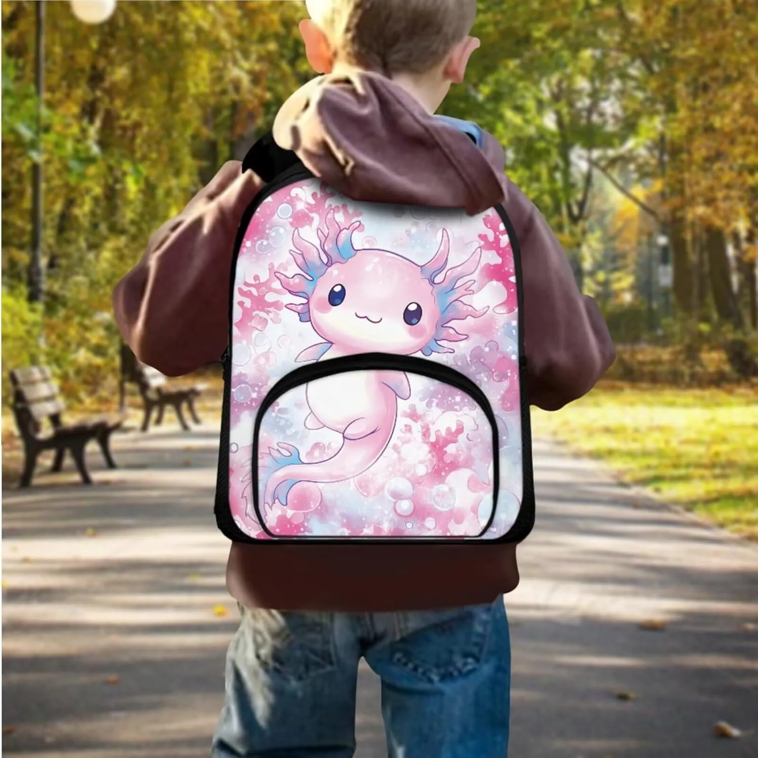 Axolotl School Bags for Girls 4-6 Cute Backpack with Lunch Box and Soft Pencil Case 12 Inch 3 in 1 School Bookbags Set with Adjustable Straps for Kindergarten Babys Travel or Picnic