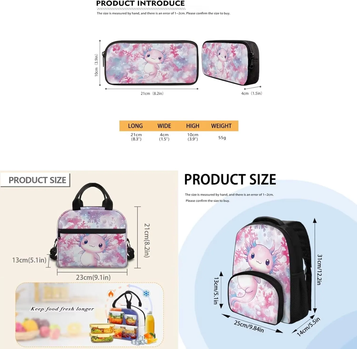 Axolotl School Bags for Girls 4-6 Cute Backpack with Lunch Box and Soft Pencil Case 12 Inch 3 in 1 School Bookbags Set with Adjustable Straps for Kindergarten Babys Travel or Picnic