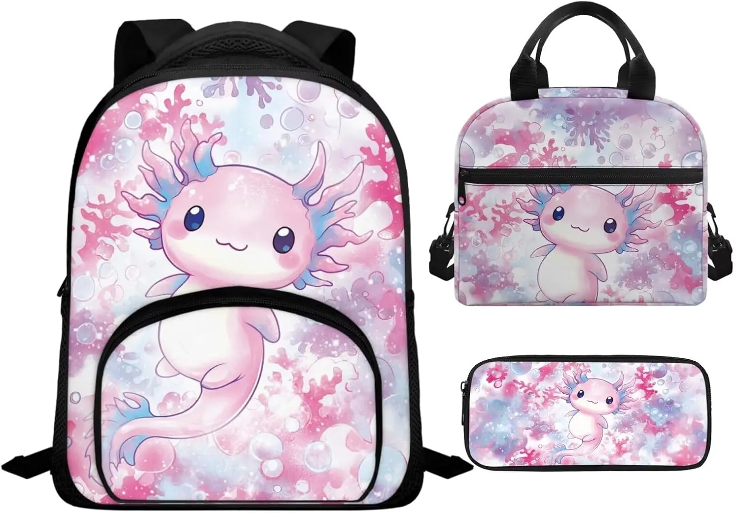 Axolotl School Bags for Girls 4-6 Cute Backpack with Lunch Box and Soft Pencil Case 12 Inch 3 in 1 School Bookbags Set with Adjustable Straps for Kindergarten Babys Travel or Picnic