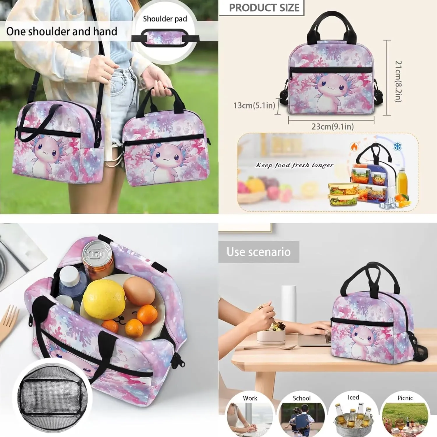 Axolotl School Bags for Girls 4-6 Cute Backpack with Lunch Box and Soft Pencil Case 12 Inch 3 in 1 School Bookbags Set with Adjustable Straps for Kindergarten Babys Travel or Picnic