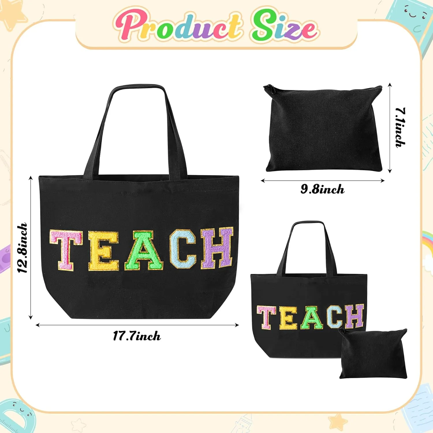 B1ykin 2Pcs Chenille Letter Patches Canvas Tote Bag with Zipper Pocket, Travel Handbag Zipper Pouch Gifts for Women Girls