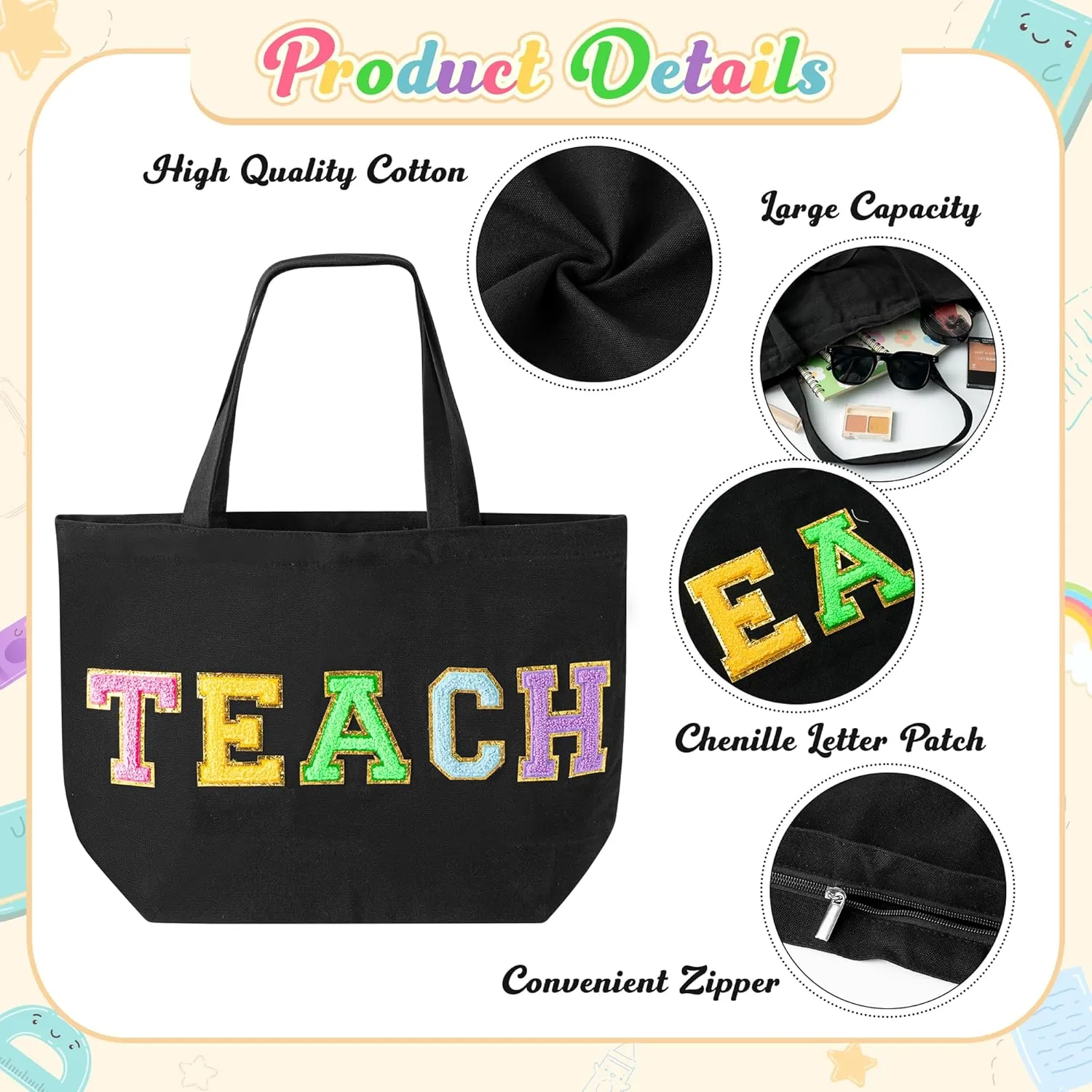 B1ykin 2Pcs Chenille Letter Patches Canvas Tote Bag with Zipper Pocket, Travel Handbag Zipper Pouch Gifts for Women Girls