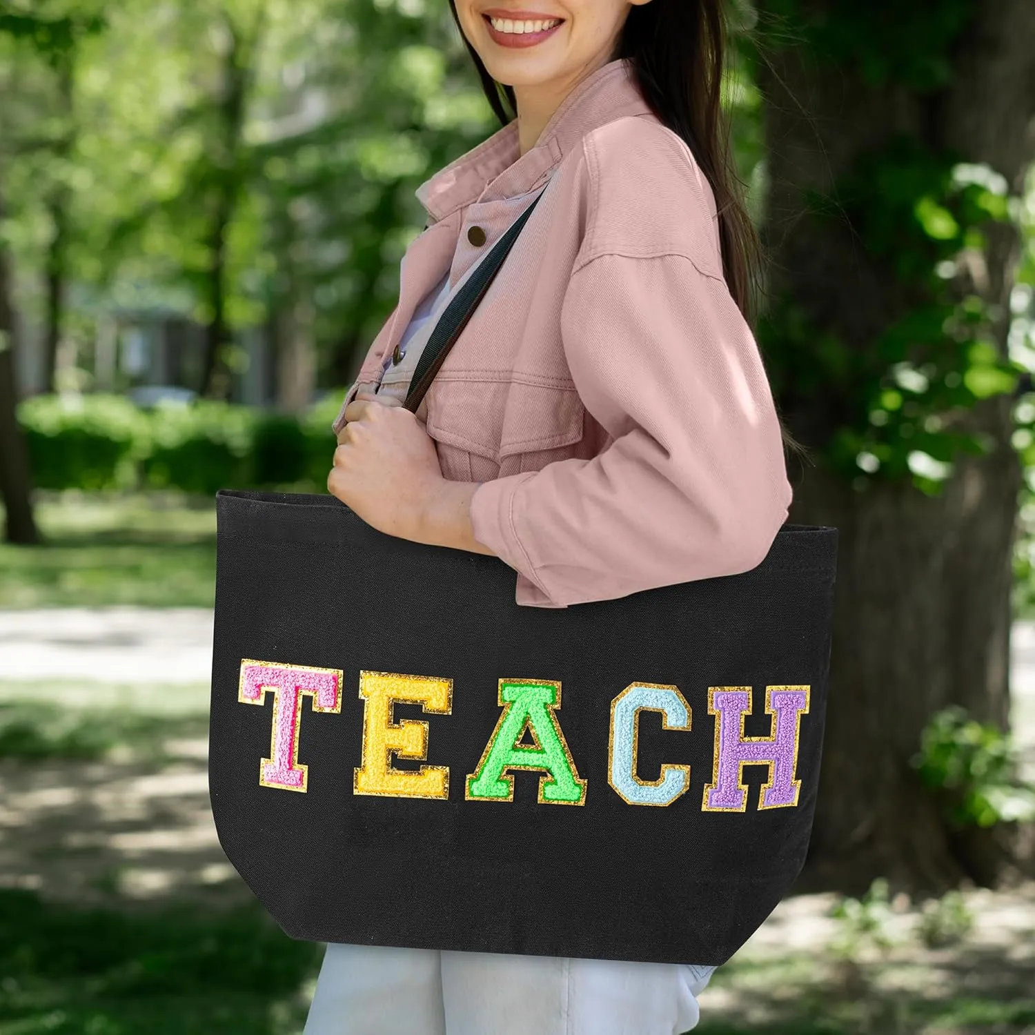 B1ykin 2Pcs Chenille Letter Patches Canvas Tote Bag with Zipper Pocket, Travel Handbag Zipper Pouch Gifts for Women Girls