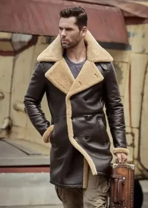 B3 Flight Sheepskin Aviator Long Mens Winter Coats Fur Bomber Leather Jacket