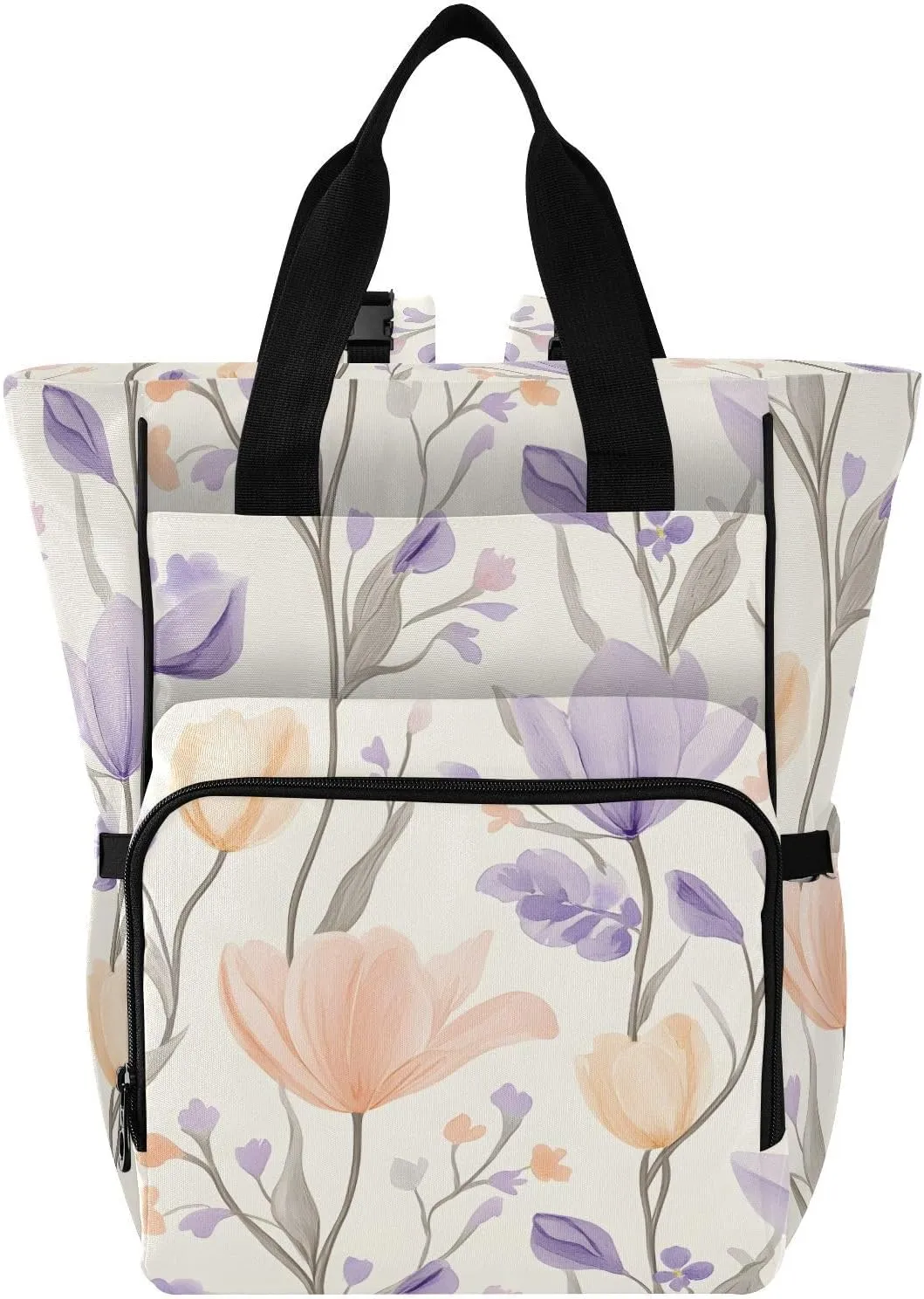Baby Diaper Bag Backpack Purple Flesh Flowers Pattern Large Tote Baby Bag for Boys, Girls, Waterproof Multi Function Diaper Backpack, Travel Essentials for Moms