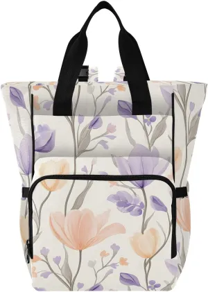 Baby Diaper Bag Backpack Purple Flesh Flowers Pattern Large Tote Baby Bag for Boys, Girls, Waterproof Multi Function Diaper Backpack, Travel Essentials for Moms