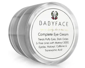 Babyface Complete Eye Cream for Dark Circles, Wrinkles, Bags & Puffy Eye Reduction Brightens & Smooths Under Eyes with Caffeine, Haloxyl, Eyeliss, & Matrixyl 3000 (36 ml)