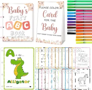 Baby’s First ABC Book Baby Shower Activity & Keepsake Game, A to Z Animal Coloring Cards with 24 Watercolor Pens, Fun & Interactive Baby Shower Game for Guests, Unique Guest Book Alternative (Boho)