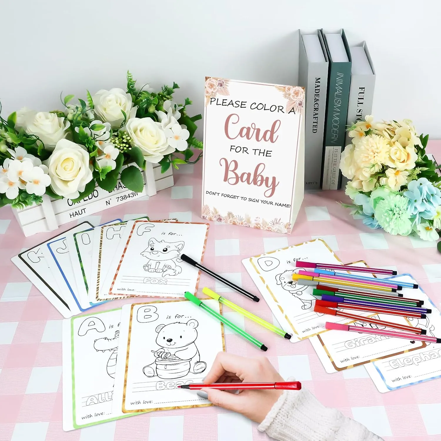 Baby’s First ABC Book Baby Shower Activity & Keepsake Game, A to Z Animal Coloring Cards with 24 Watercolor Pens, Fun & Interactive Baby Shower Game for Guests, Unique Guest Book Alternative (Boho)