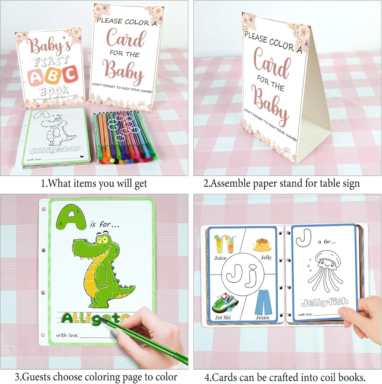 Baby’s First ABC Book Baby Shower Activity & Keepsake Game, A to Z Animal Coloring Cards with 24 Watercolor Pens, Fun & Interactive Baby Shower Game for Guests, Unique Guest Book Alternative (Boho)