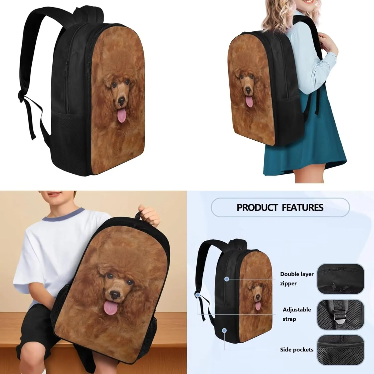 Backpack Set for Kids Girls Boys, Brown Dog Portable School Bags Daypack Book Bag Set with Insulated Lunch Bag Pencil Pouch Water Bottle Bag 4 Pcs Full Set