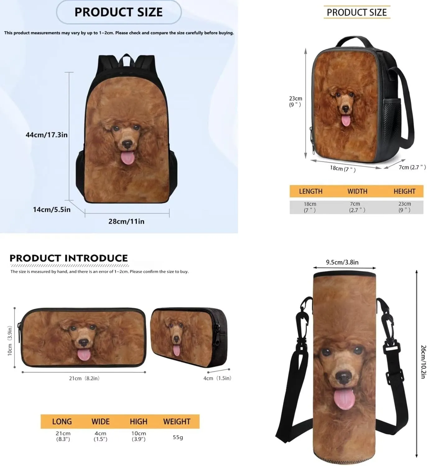 Backpack Set for Kids Girls Boys, Brown Dog Portable School Bags Daypack Book Bag Set with Insulated Lunch Bag Pencil Pouch Water Bottle Bag 4 Pcs Full Set