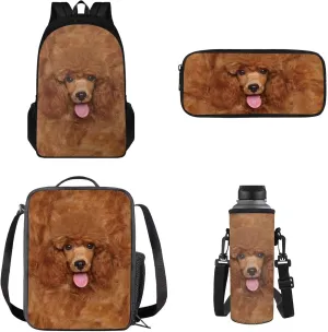 Backpack Set for Kids Girls Boys, Brown Dog Portable School Bags Daypack Book Bag Set with Insulated Lunch Bag Pencil Pouch Water Bottle Bag 4 Pcs Full Set