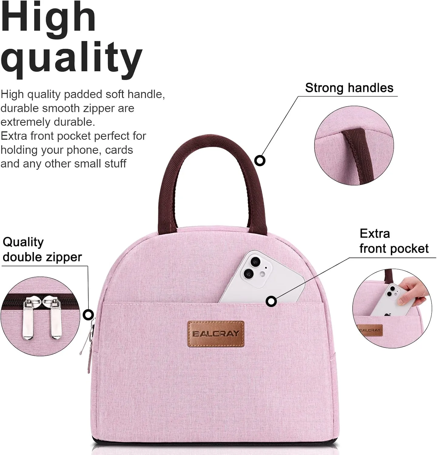 BALORAY Lunch Bag for Women Men Insulated Lunch Box for Adult Reusable Lunch Tote Bag for Work, Picnic or Travel (Pink)