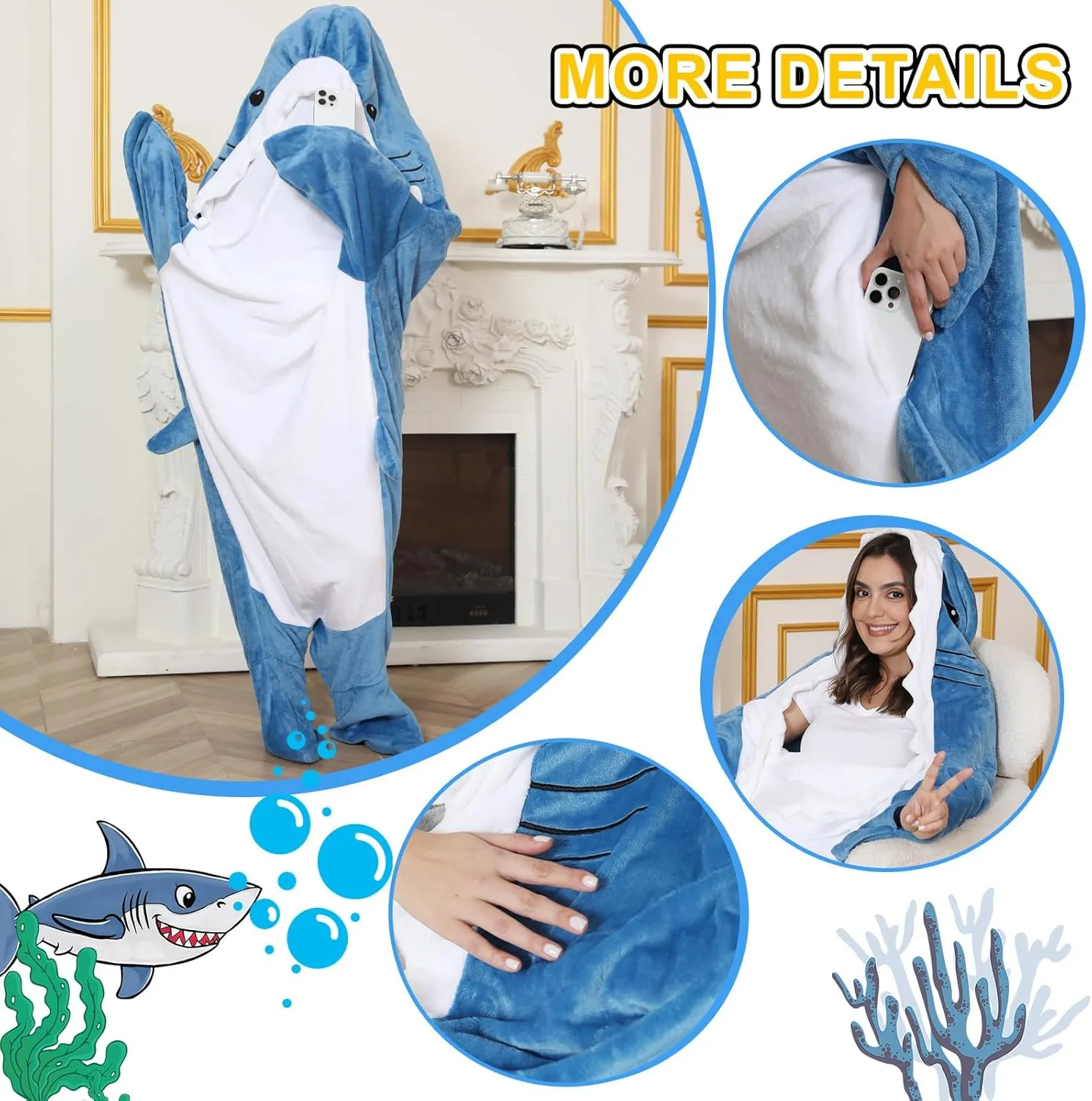 Bcareself Shark Blanket Adult Kid Hoodie Onesie, Wearable Shark Blanket, Soft Cozy Flannel Shark Sleeping Bag