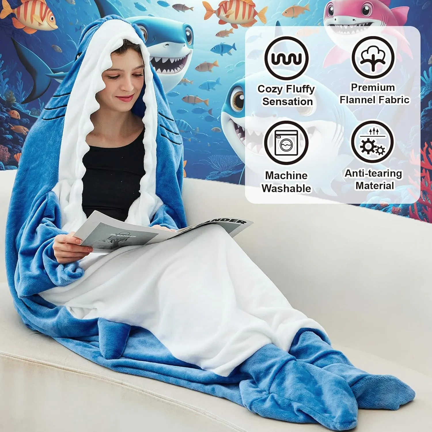 Bcareself Shark Blanket Adult Kid Hoodie Onesie, Wearable Shark Blanket, Soft Cozy Flannel Shark Sleeping Bag