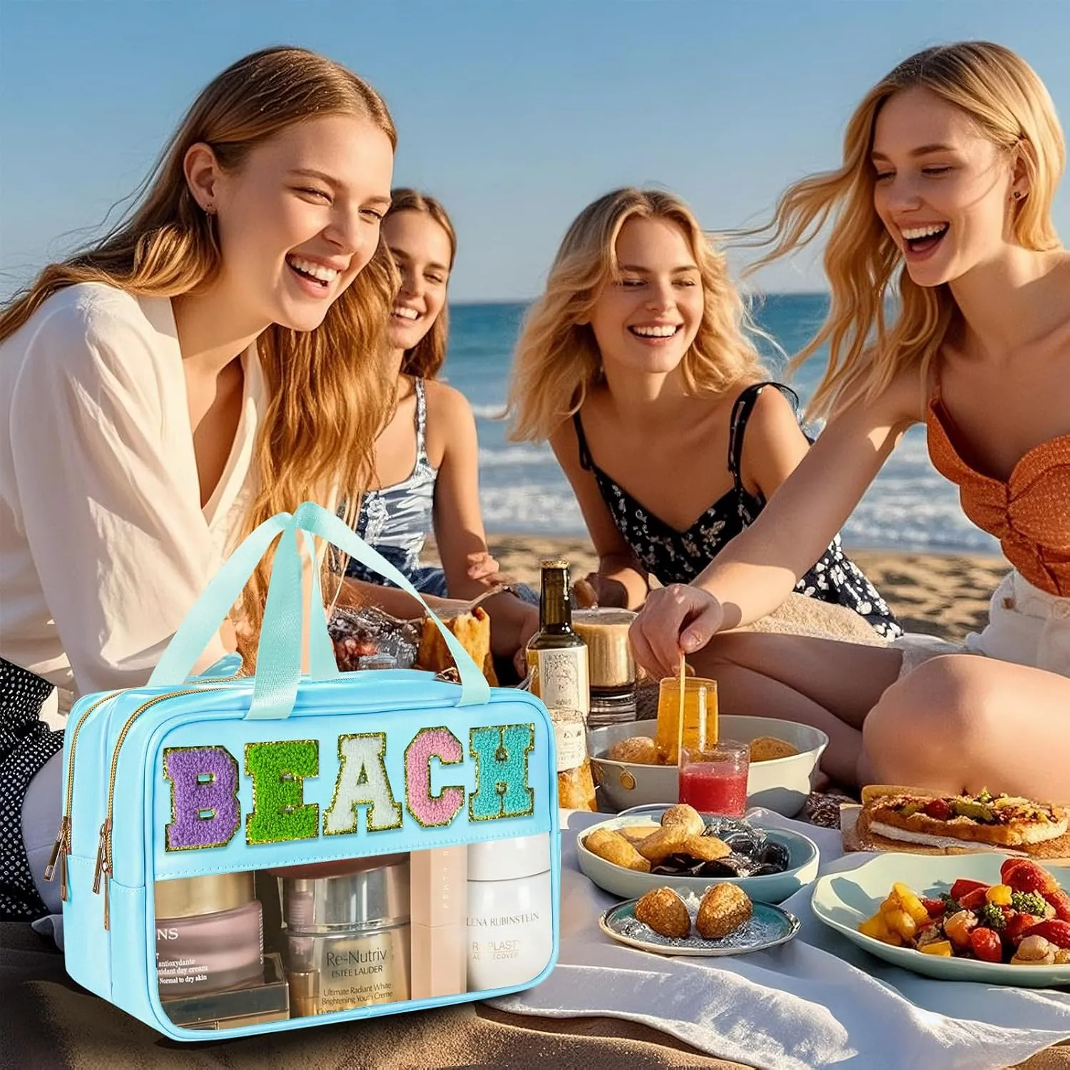 Beach Bag Beach Accessories for Women Chenille Letter Patch Clear Bags Sunscreen Bags spf bag Preppy Cosmetic Bag Clear Pouch with Zipper Case Mate Pouch