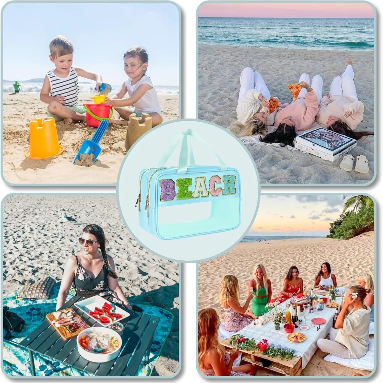Beach Bag Beach Accessories for Women Chenille Letter Patch Clear Bags Sunscreen Bags spf bag Preppy Cosmetic Bag Clear Pouch with Zipper Case Mate Pouch