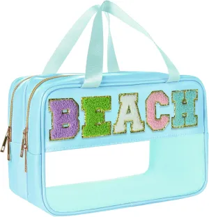 Beach Bag Beach Accessories for Women Chenille Letter Patch Clear Bags Sunscreen Bags spf bag Preppy Cosmetic Bag Clear Pouch with Zipper Case Mate Pouch