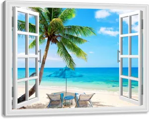 Beach Palm Tree Canvas Wall Art Fake Open Window Ocean Scene Picture Print with Framed for Blue Teal Home Decor 36 x 24